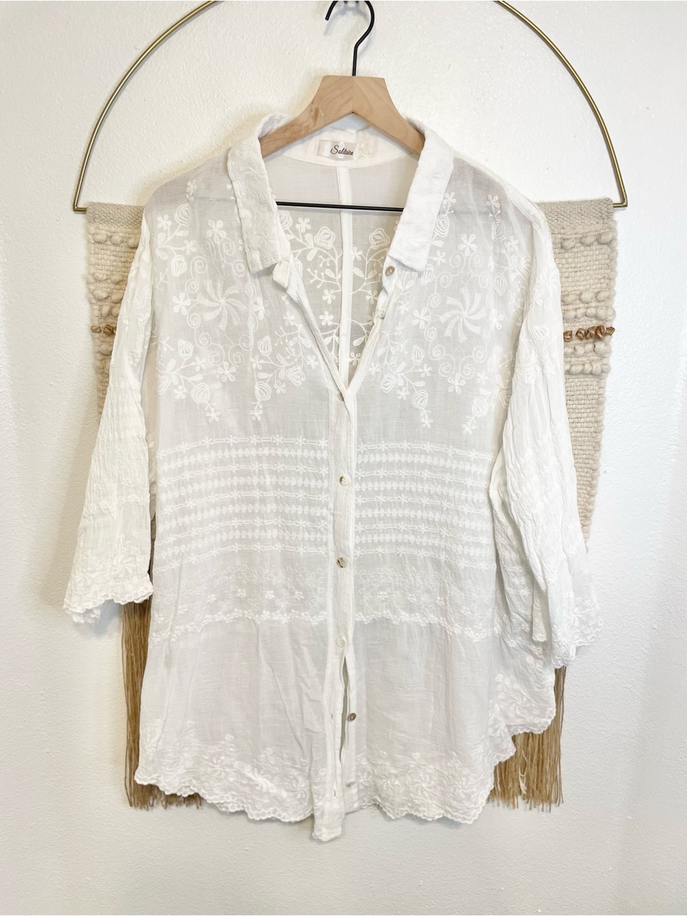 Solitaire White Embroidered Button-Front Tunic Top Boho Size 1X